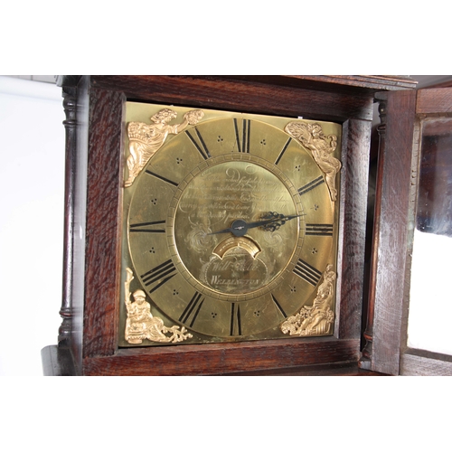 1063 - WILLIAM WEBB, WELLINGTON. A SMALL GEORGE III OAK CASED LONGCASE CLOCK  the slender case  having a mo... 