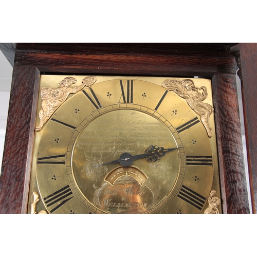 1063 - WILLIAM WEBB, WELLINGTON. A SMALL GEORGE III OAK CASED LONGCASE CLOCK  the slender case  having a mo... 