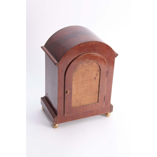 1066 - AN EDWARDIAN MAHOGANY DOUBLE FUSEE QUARTER CHIMING BRACKET CLOCK the break arched case with boxwood ... 