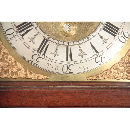 1067 - THOMAS ROYAL, WHITEHAVEN. A  MID 18th CENTURY OAK CASED LONGCASE CLOCK  the hood having a dental mou... 