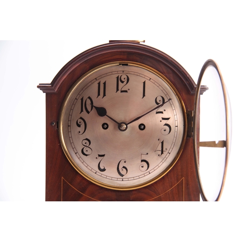 1068 - AN EDWARDIAN MAHOGANY DOUBLE FUSEE QUARTER CHIMING BRACKET CLOCK the break arched case with boxwood ... 