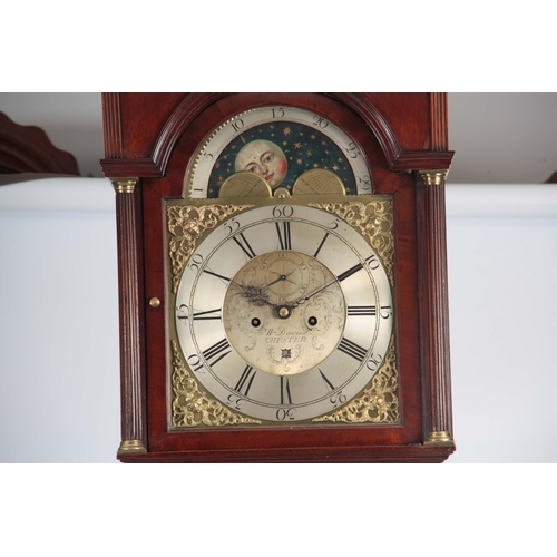 1070 - WILLIAM DAVIES. CHESTER. A LATE 18th CENTURY FIGURED MAHOGANY LONGCASE CLOCK the hood with swan neck... 