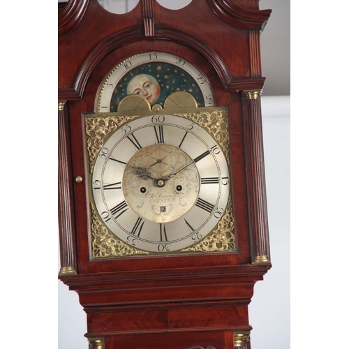 1070 - WILLIAM DAVIES. CHESTER. A LATE 18th CENTURY FIGURED MAHOGANY LONGCASE CLOCK the hood with swan neck... 