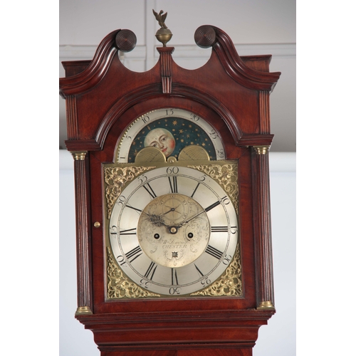 1070 - WILLIAM DAVIES. CHESTER. A LATE 18th CENTURY FIGURED MAHOGANY LONGCASE CLOCK the hood with swan neck... 