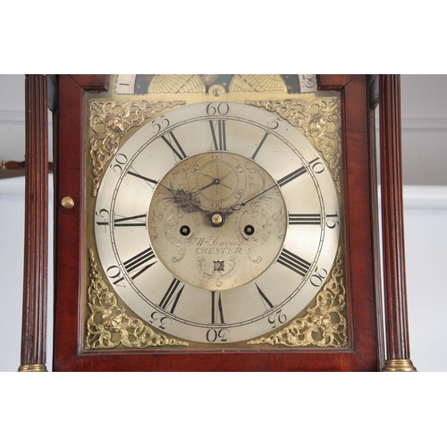 1070 - WILLIAM DAVIES. CHESTER. A LATE 18th CENTURY FIGURED MAHOGANY LONGCASE CLOCK the hood with swan neck... 