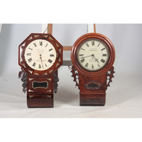 1078 - TWO MID 19th CENTURY DROP DIAL FUSEE WALL CLOCKS the figured mahogany clock signed J. Griffith, Carn... 