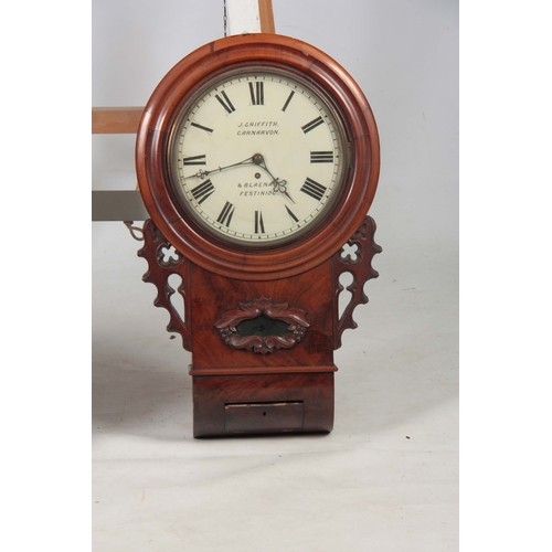 1078 - TWO MID 19th CENTURY DROP DIAL FUSEE WALL CLOCKS the figured mahogany clock signed J. Griffith, Carn... 