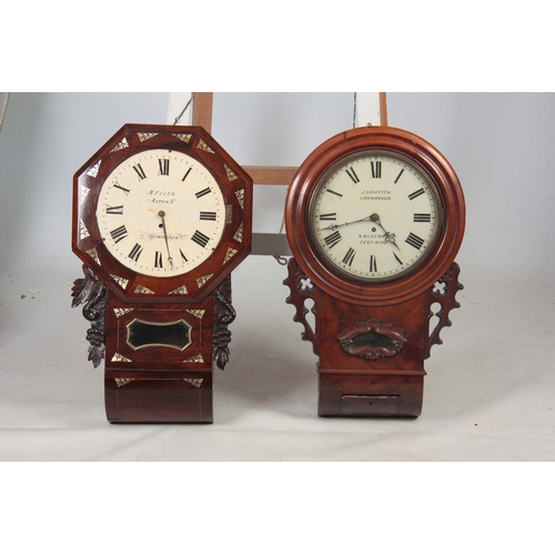 1078 - TWO MID 19th CENTURY DROP DIAL FUSEE WALL CLOCKS the figured mahogany clock signed J. Griffith, Carn... 