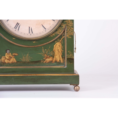 1079 - AN ENGLISH REGENCY CHINOISERIE PAGODA TOP BRACKET CLOCK the green painted case decorated with gilt f... 