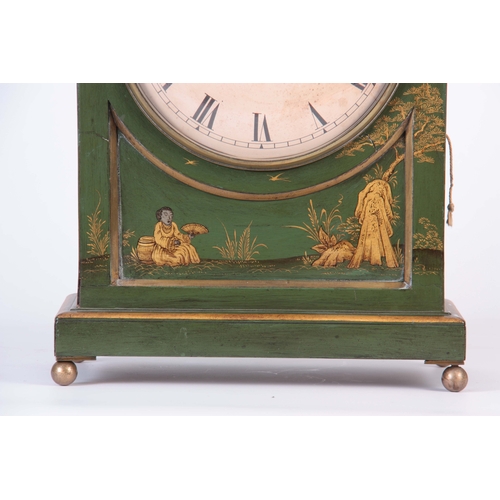 1079 - AN ENGLISH REGENCY CHINOISERIE PAGODA TOP BRACKET CLOCK the green painted case decorated with gilt f... 