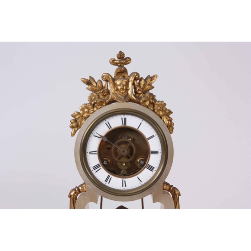 1081 - A FRENCH LATE 19th CENTURY SWINGING CHERUB MANTLE CLOCK the ormolu mounted onyx case enclosing a ske... 