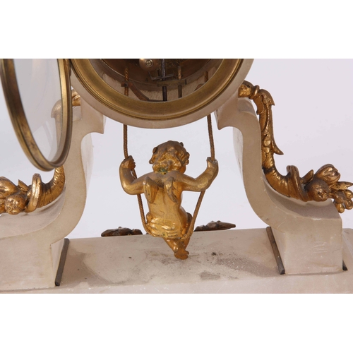 1081 - A FRENCH LATE 19th CENTURY SWINGING CHERUB MANTLE CLOCK the ormolu mounted onyx case enclosing a ske... 