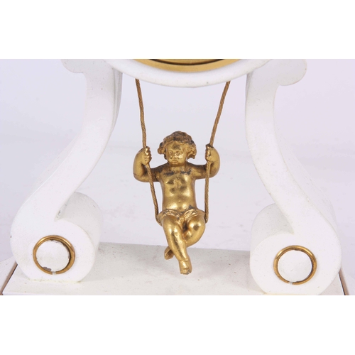 1082 - A LATE 19th CENTURY FRENCH SWINGING CHERUB MANTLE CLOCK with drum-shaped case on scroll supports enc... 