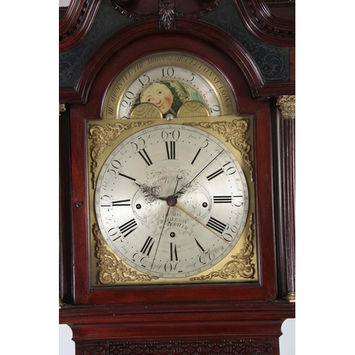 1083 - THOMAS RICHARDSON, WEVERHAM. A GEORGE III FLAMED MAHOGANY QUARTER CHIMING LONGCASE CLOCK WITH RARE Y... 