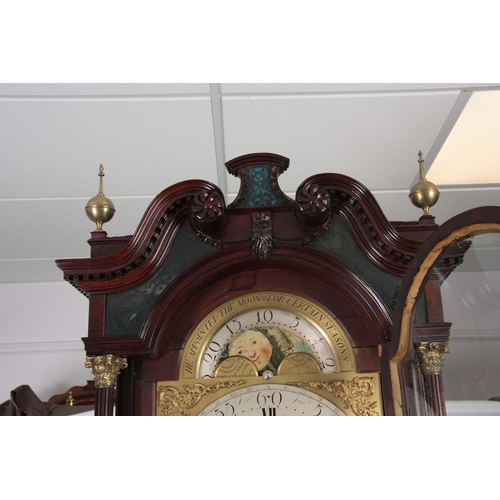 1083 - THOMAS RICHARDSON, WEVERHAM. A GEORGE III FLAMED MAHOGANY QUARTER CHIMING LONGCASE CLOCK WITH RARE Y... 