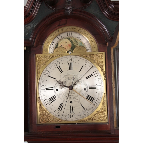 1083 - THOMAS RICHARDSON, WEVERHAM. A GEORGE III FLAMED MAHOGANY QUARTER CHIMING LONGCASE CLOCK WITH RARE Y... 