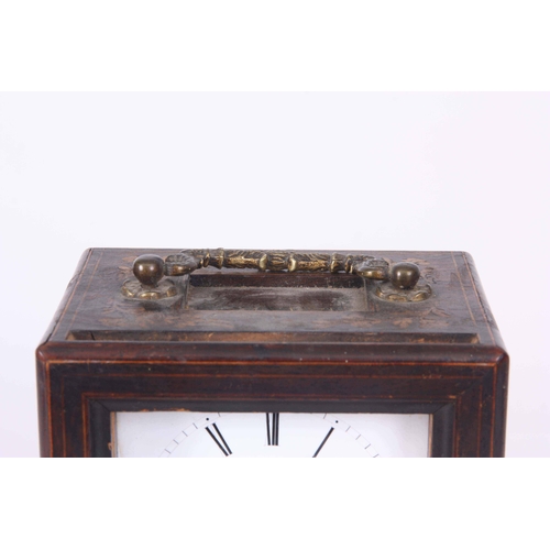 1084 - A MID 19th CENTURY FRENCH ROSEWOOD INLAID CARRIAGE STYLE MANTLE CLOCK enclosing a 3.5