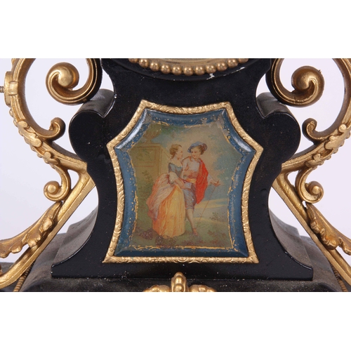 1085 - A LATE 19th CENTURY FRENCH GILT MANTLE CLOCK with urn finial and porcelain panel to the front depict... 