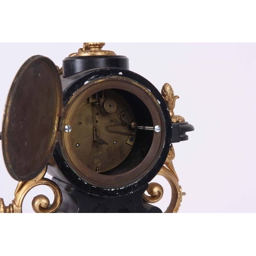 1085 - A LATE 19th CENTURY FRENCH GILT MANTLE CLOCK with urn finial and porcelain panel to the front depict... 