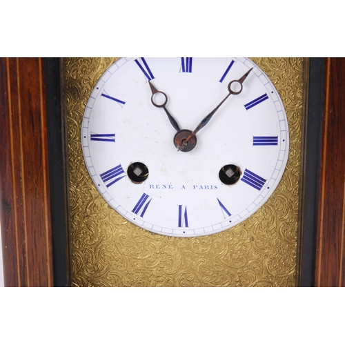 1086 - A MID 19th CENTURY FRENCH INLAID ROSEWOOD CASED CARRIAGE STYLE MANTLE CLOCK enclosing a 3