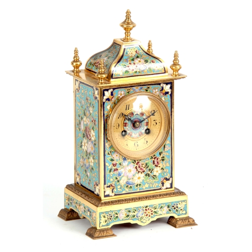 1094 - A LATE 19TH CENTURY FRENCH GILT BRASS AND CHAMPLEVE ENAMEL MANTEL CLOCK with moulded edge stepped ba... 