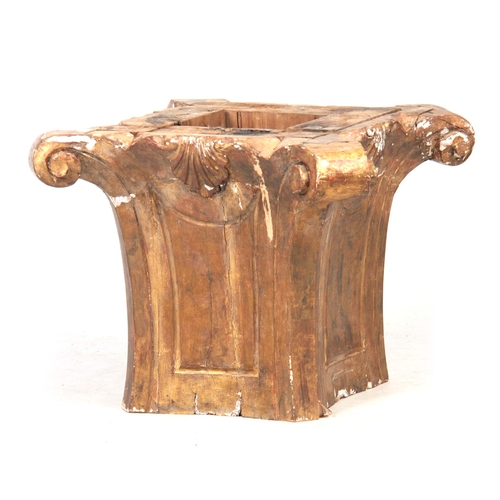 1125 - AN 18TH CENTURY CARVED GILT GESSO CAPITAL with scrolled corners and shell carved centres 52cm square... 