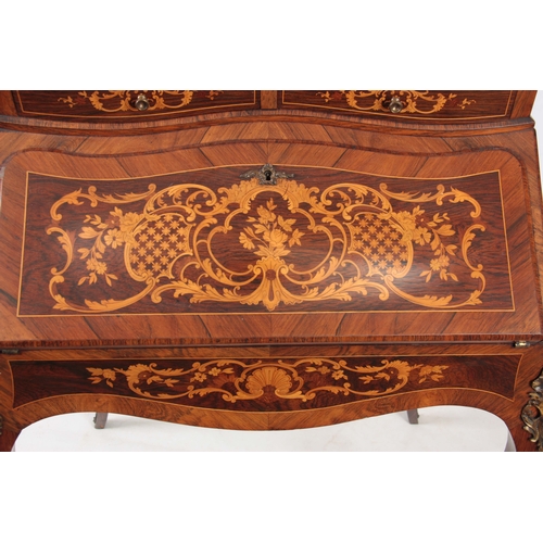 1228 - A 19TH CENTURY FRENCH LADIES ROSEWOOD AND INLAID SATINWOOD ORMOLU  MOUNTED BONHEUR DU JOUR of bombe ... 