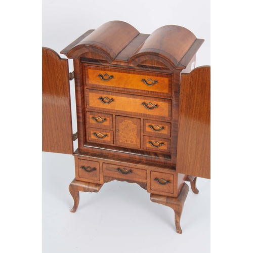 885 - A QUEEN ANNE STYLE EARLY 20th CENTURY MINIATURE WALNUT APPRENTICE PIECE modelled as a double dome ch... 