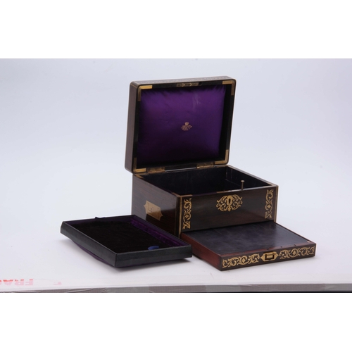 888 - A 19th CENTURY ROSEWOOD AND BRASS INLAID JEWELLERY BOX SIGNED HALSTAFF & HANNAFORD having brass ... 