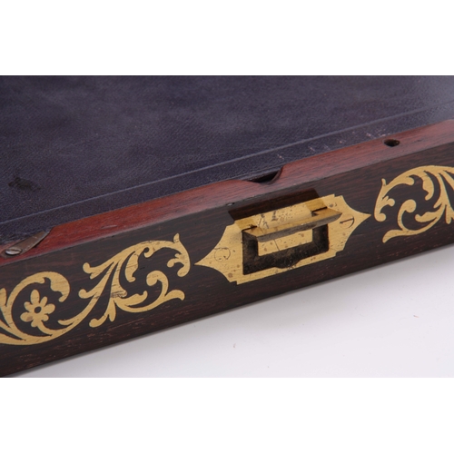 888 - A 19th CENTURY ROSEWOOD AND BRASS INLAID JEWELLERY BOX SIGNED HALSTAFF & HANNAFORD having brass ... 