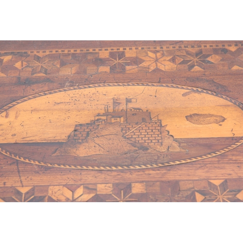 889 - A 19th CENTURY SPECIMEN WOOD PARQUETRY INLAID WORKBOX the lid with marquetry inlaid oval panel openi... 