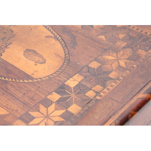 889 - A 19th CENTURY SPECIMEN WOOD PARQUETRY INLAID WORKBOX the lid with marquetry inlaid oval panel openi... 