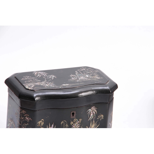 891 - A 19TH CENTURY EBONISED SERPENTINE SHAPED TEA CADDY DECORATED WITH MOTHER OF PEARL ORIENTAL SCENES t... 