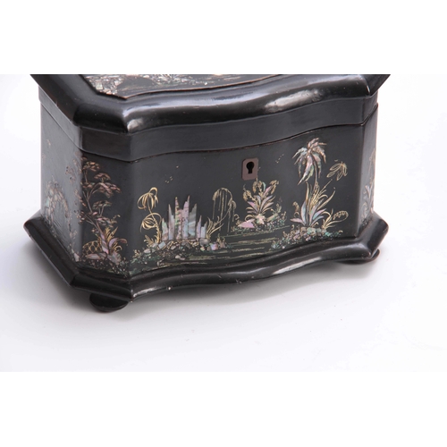 891 - A 19TH CENTURY EBONISED SERPENTINE SHAPED TEA CADDY DECORATED WITH MOTHER OF PEARL ORIENTAL SCENES t... 