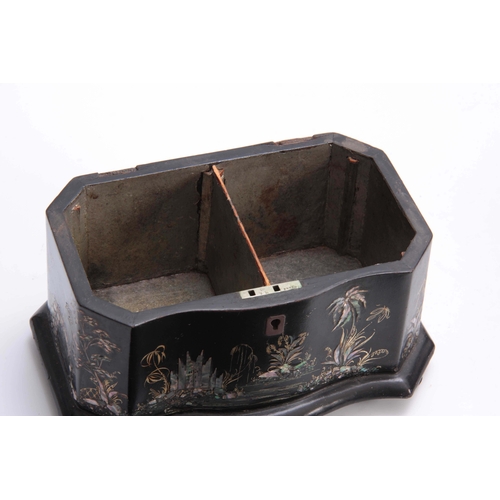 891 - A 19TH CENTURY EBONISED SERPENTINE SHAPED TEA CADDY DECORATED WITH MOTHER OF PEARL ORIENTAL SCENES t... 