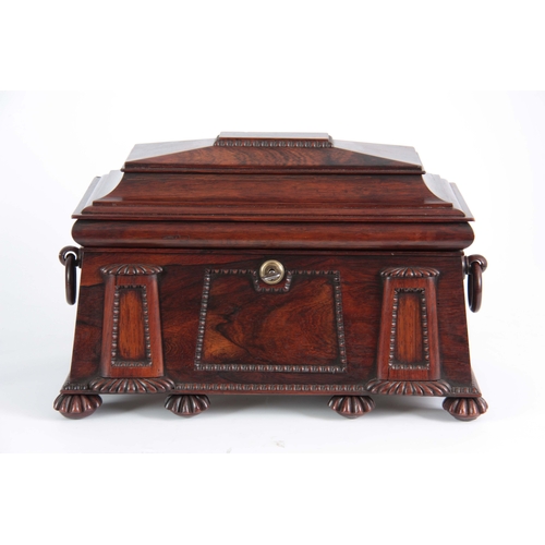 893 - A FINE REGENCY ROSEWOOD EGYPTIAN REVIVAL TEA CADDY of sarcophagus form with gadrooned mouldings and ... 