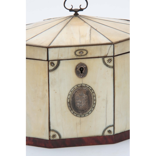 897 - AN EARLY 19TH CENTURY INLAID SILVER IVORY AND TORTOISESHELL DECTAGNAL SHAPED TENT TOP TEA CADDY with... 