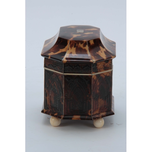 898 - A RARE EARLY 19TH CENTURY TORTOISESHELL AND SILVER LINED PRESSED PAGODA TOPPED TEA CADDY with Gothic... 