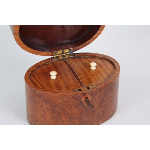 900 - A 20TH CENTURY OVAL INVERTED TOP BURR YEWOOD TEA CADDY having satinwood diamond-shaped inlay on the ... 