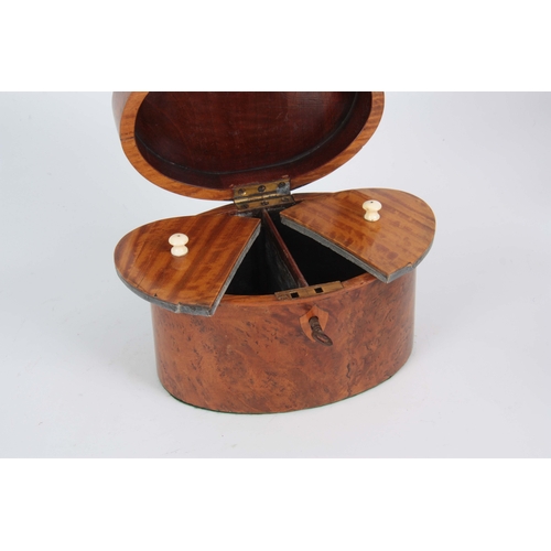 900 - A 20TH CENTURY OVAL INVERTED TOP BURR YEWOOD TEA CADDY having satinwood diamond-shaped inlay on the ... 