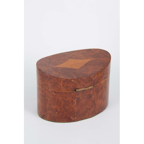 900 - A 20TH CENTURY OVAL INVERTED TOP BURR YEWOOD TEA CADDY having satinwood diamond-shaped inlay on the ... 