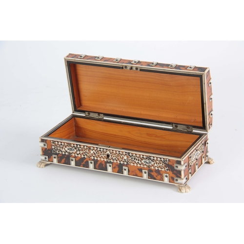 904 - A LATE 19th CENTURY DOMED TOP ANGLO-INDIAN TORTOISESHELL AND IVORY BOX with pierced panels supported... 