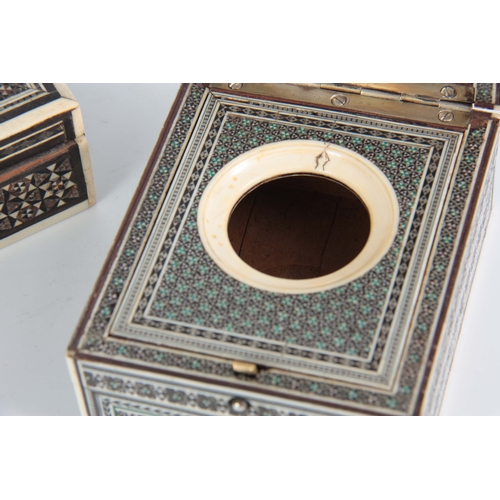 905 - A LATE 19TH CENTURY ANGLO INDIAN MICRO MOSAIC, IVORY, EBONY AND PEWTER WATCH HOLDER with folding bra... 