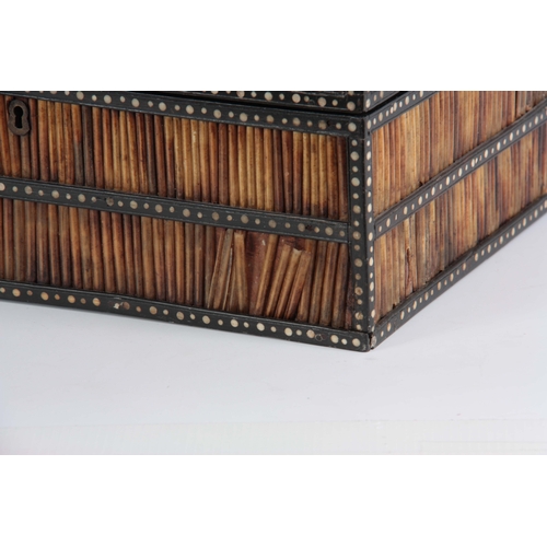 906 - A 19TH CENTURY ANGLO-INDIAN PORCUPINE QUILS BOX with panelled chamfered top having ebony and bone in... 