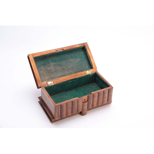 909 - A 19TH CENTURY SOUVENIR OLIVE WOOD JEWELLERY BOX formed as a volume of books with secret base drawer... 