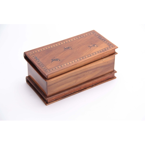 909 - A 19TH CENTURY SOUVENIR OLIVE WOOD JEWELLERY BOX formed as a volume of books with secret base drawer... 