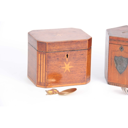 911 - A GEORGE III MAHOGANY HEXAGONAL SHAPED INLAID TEA CADDY with silver escutcheon shield and handle, in... 