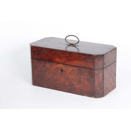 913 - A GEORGE III YEW WOOD VENEERED TEA CADDY of rectangular form with clipped corners and hinged brass h... 