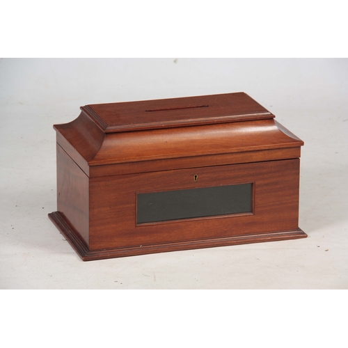 917 - A LATE 19TH CENTURY MAHOGANY COUNTRY HOUSE POST BOX with hinged moulded edge top having a cut-out sl... 