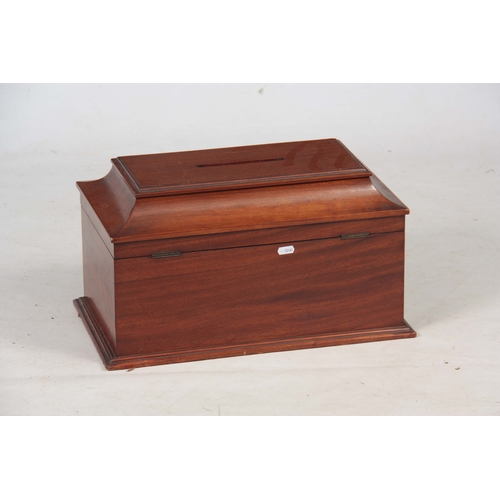 917 - A LATE 19TH CENTURY MAHOGANY COUNTRY HOUSE POST BOX with hinged moulded edge top having a cut-out sl... 